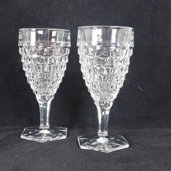 Lot of 2 Fostoria American Clear Glass Water Goblet 7" tall 9 oz Diamond Cube - Picture 1 of 11